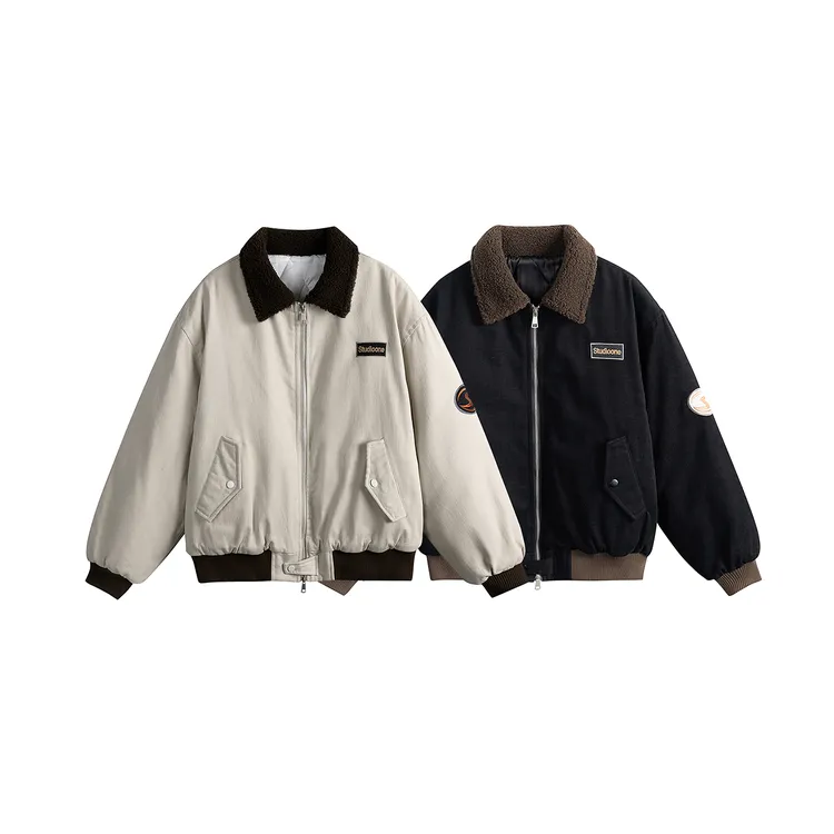 男生冬季穿搭美式工装风尼料翻领拼接夹克棉衣百搭保暖棉服3319