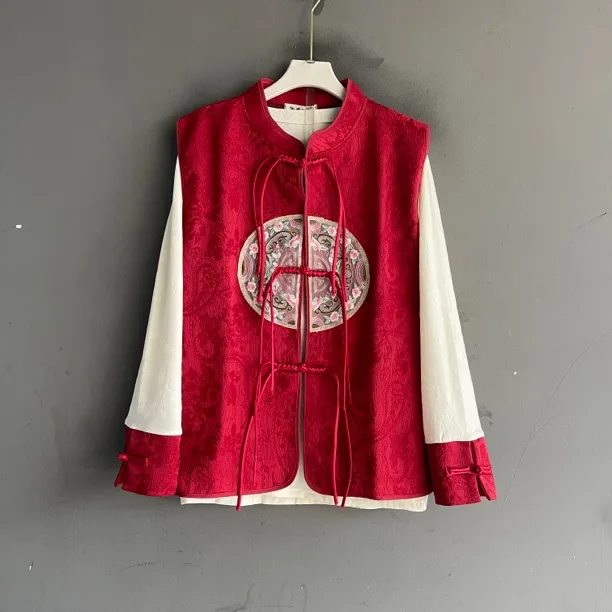 大码女装秋冬时尚新中式盘扣马甲套装宽松显瘦百搭