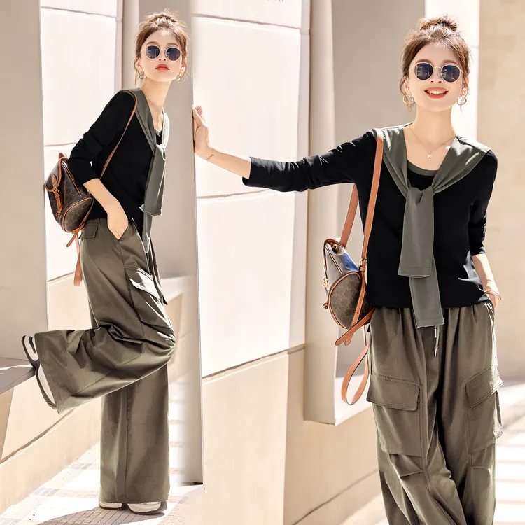 休闲时尚针织披肩套装女2025春秋新款设计感气质工装阔腿裤两件套