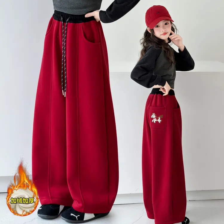 女童加绒红色裤子一体绒冬装韩版加厚卫裤休闲裤大女孩冬天运动裤