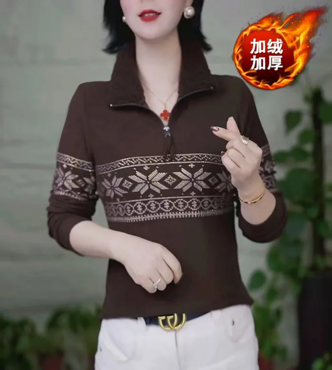 2025秋冬新款时尚洋气半拉链翻领打底衫宽松加厚保暖长袖烫钻上衣