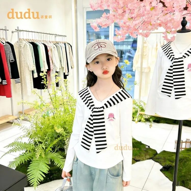 春季女童新款套头长袖上衣纯棉中大童学院风披肩设计感打底衫外穿