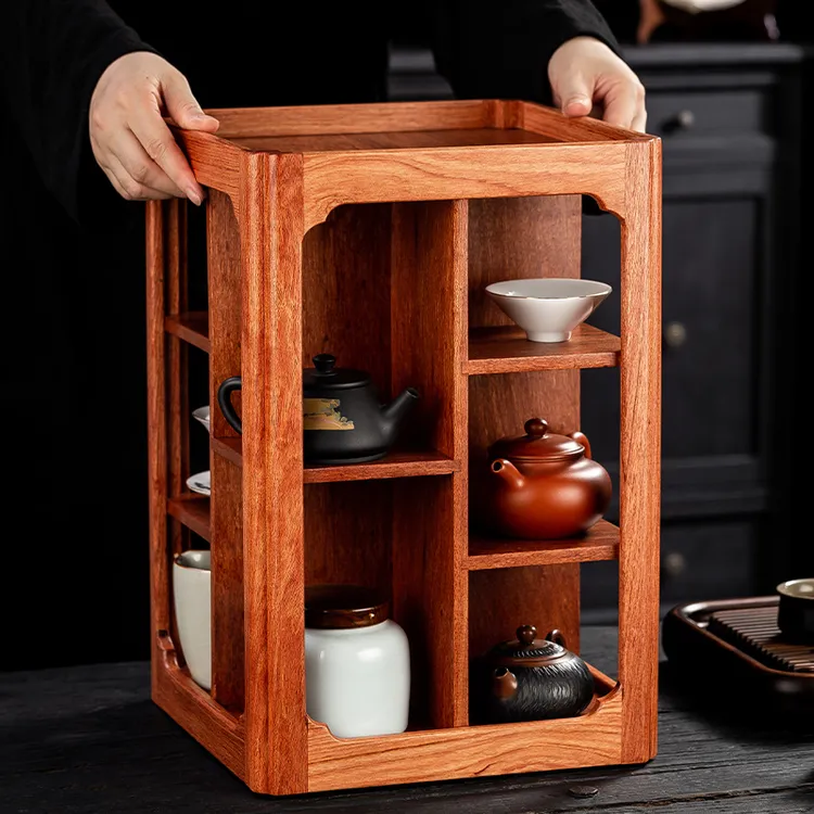 花梨木旋转茶具收纳架茶杯架摆放架中式功夫茶壶置物博古架