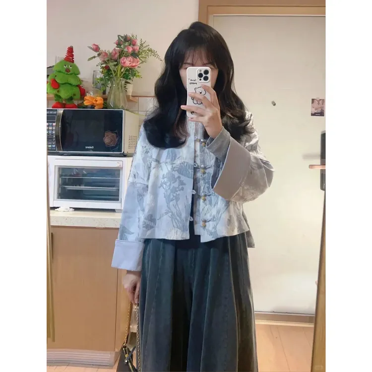 小众轻奢新中式国风短款外套女2024春秋新款汉元素印花长袖上衣潮