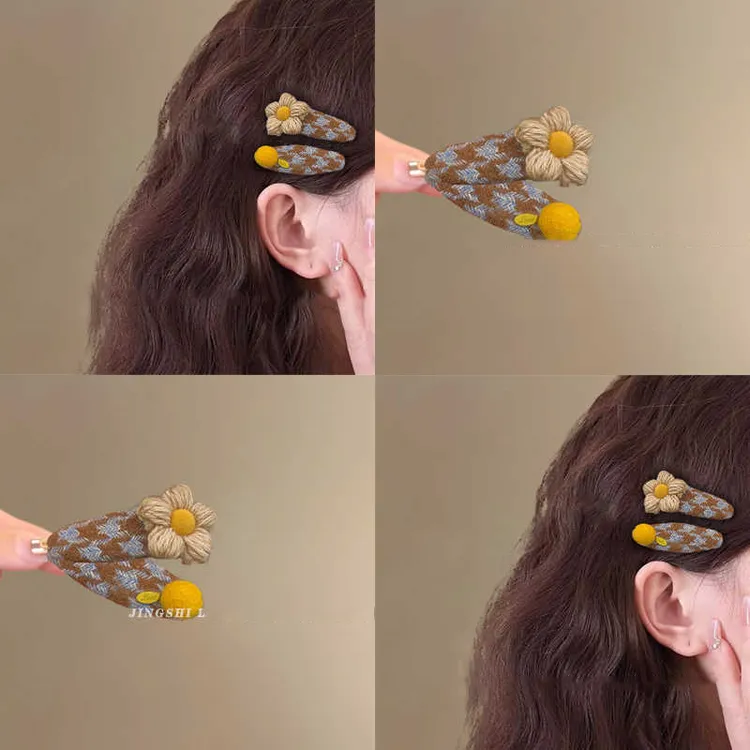 韩系秋冬新款毛呢格子毛球毛线花朵发夹刘海夹碎发边夹好看侧边夹