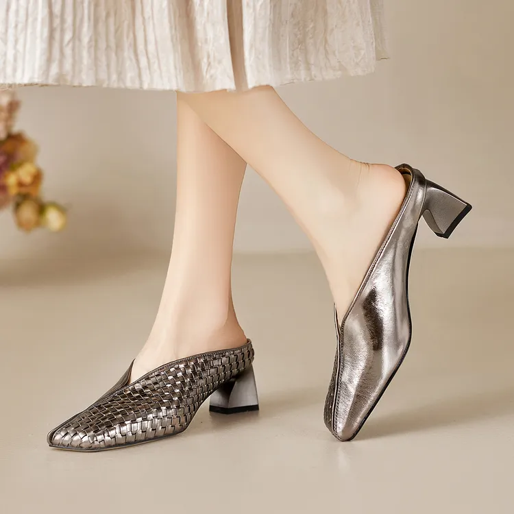 5cm！粗跟中跟春夏新款半拖鞋真皮包头拖鞋女金色银色枪色凉拖鞋女