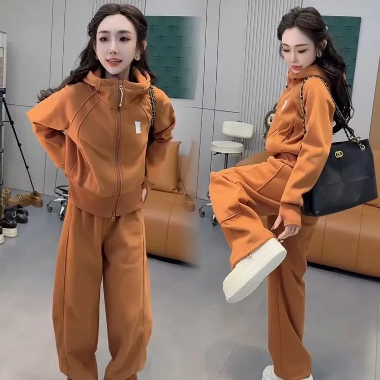 秋冬新款加绒加厚休闲运动套装女连帽卫衣长裤保暖洋气休闲两件套