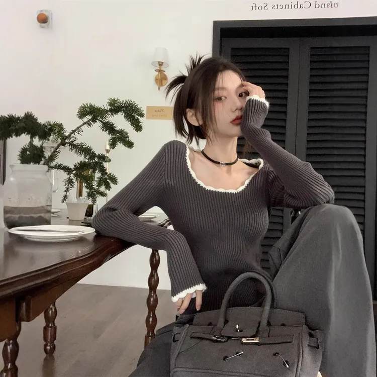 百搭时尚显瘦洋气小众设计感上衣针织衫女装短款修身打底衫小香风