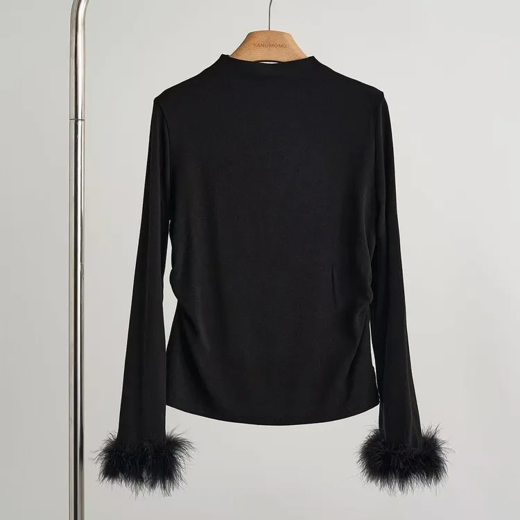 加绒简约风长袖毛毛袖半高领显瘦少女风T恤内搭百搭时尚秋冬打底