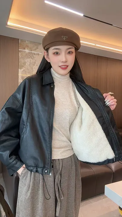 加绒秋季标准薄款皮衣时尚宽松复古ins短款抽褶58832