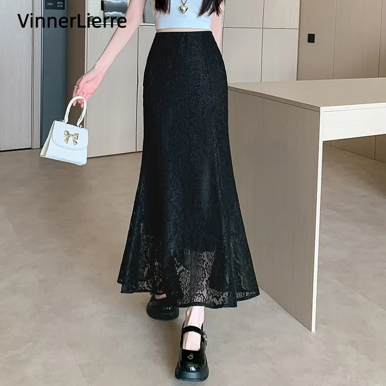 薇妮诺包臀长裙黑色蕾丝高腰镂空鱼尾半身裙气质垂感春夏修身温柔
