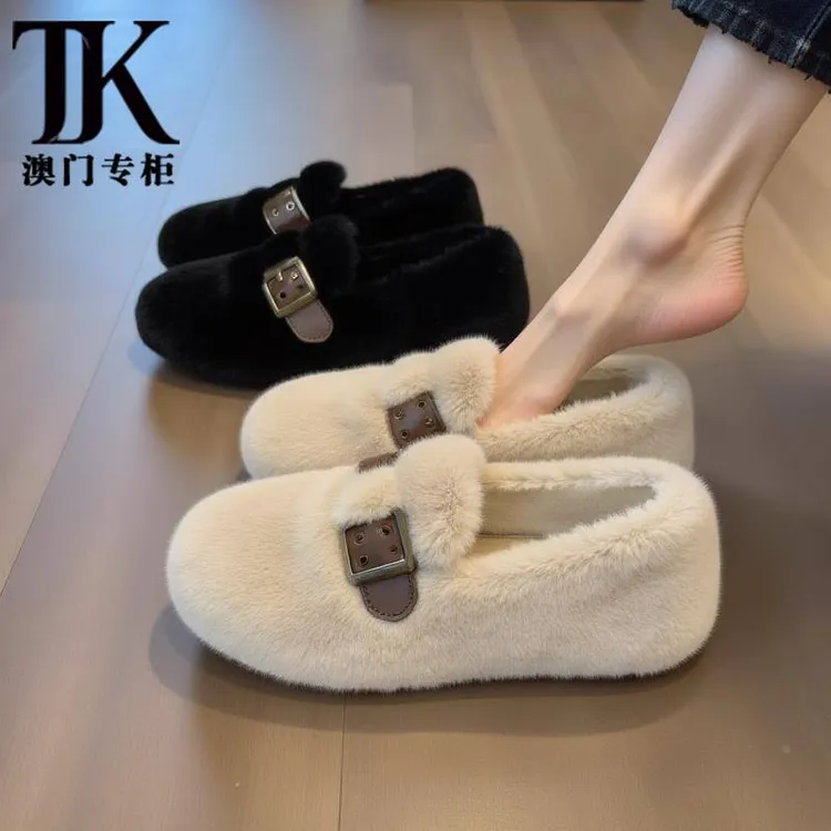 【澳门专柜正品】兔毛绒毛毛鞋女外穿平底秋冬新款温柔加绒毛茸茸豆