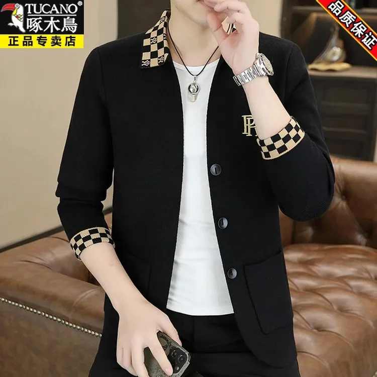 啄木鸟高端针织开衫男外套春秋新款潮牌痞帅休闲修身夹克刺绣毛衣