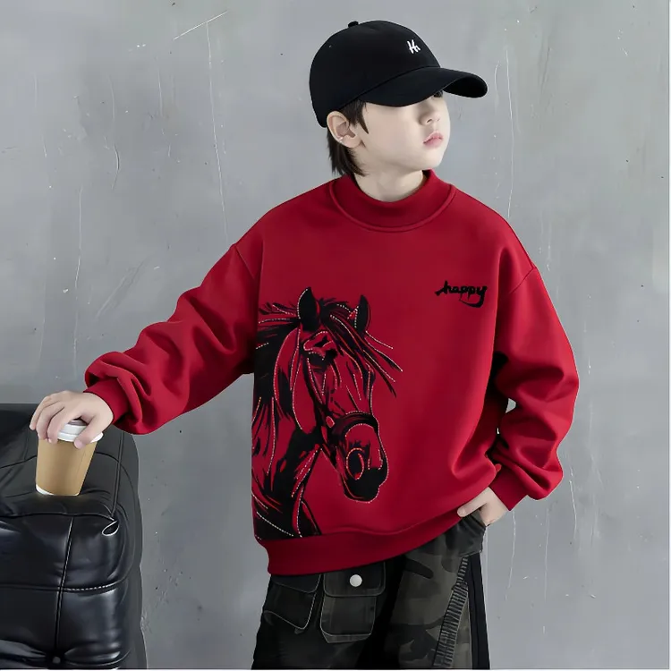 儿童装男童卫衣加绒冬季2026新款红色本命年马年大童男孩拜年衣服