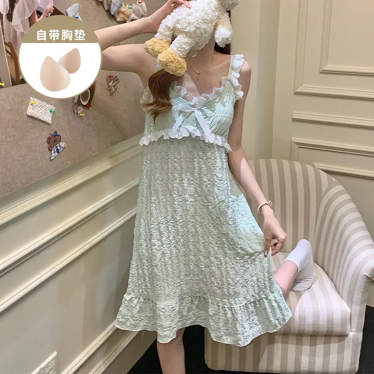 小清新薄荷绿吊带睡裙女款夏季爆款带胸垫女士无袖薄款睡衣家居服