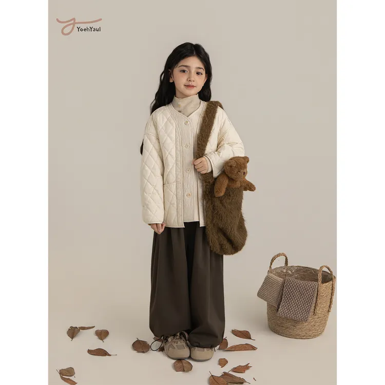 幼悠女童冬装复古菱格绗线假两件棉服外套日韩童装儿童衣服CD1992