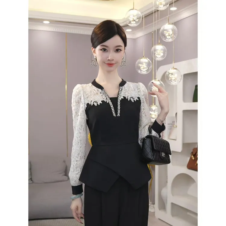 唐熹早秋款【QQ-1233】黑色拼接气质千金清冷感贵系衣服上衣衬衫