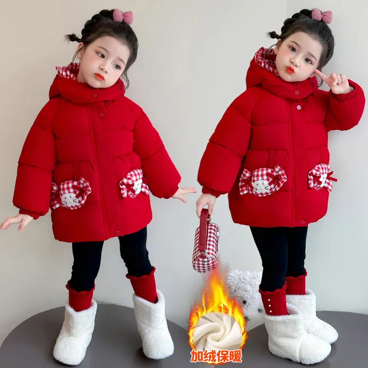 女童加绒棉服冬季2026新款拜年服儿童加厚外套小女孩冬装红色棉衣