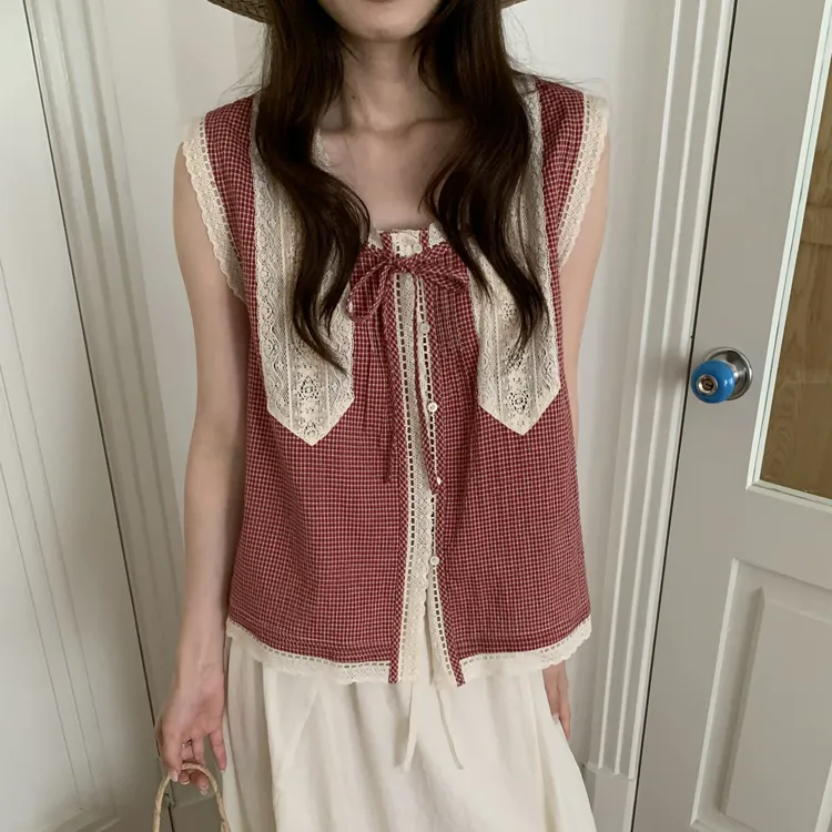 miluroom米鹿68962无袖格子小衫女2025夏季轻奢小众蕾丝衬衫上衣