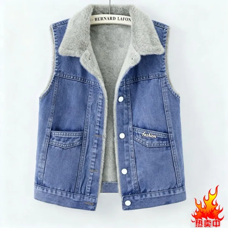 2025秋冬新款大口袋牛仔马甲女加绒加厚百搭保暖上衣复古港风外搭