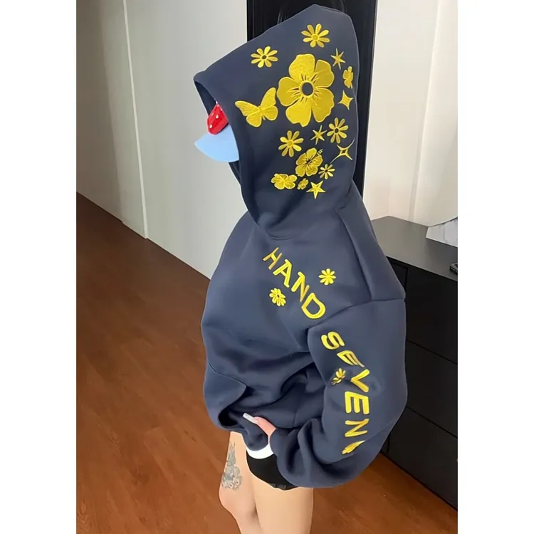 HandSeven秋冬美式帽子花卉刺绣重磅连帽卫衣潮流宽松休闲帽衫