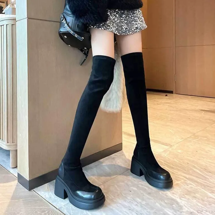 绒面弹力靴女2025年秋冬季新款厚底粗跟过膝靴瘦瘦靴袜靴女长靴子