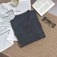 飞飞家 欧洲站品牌订单~Polo领真口袋 正肩气质修身针织衫Y8103灰