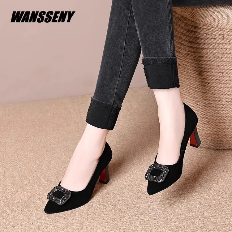 WANSSNEY2025年真皮气质职业黑色高跟鞋女尖头通勤工作粗跟单鞋女