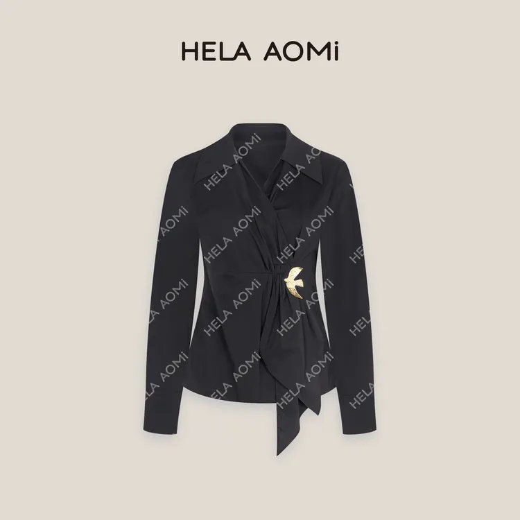 HELAAOMI“金燕衬衫”高密抗皱不规则前襟褶皱收腰衬衫CY5CC11474