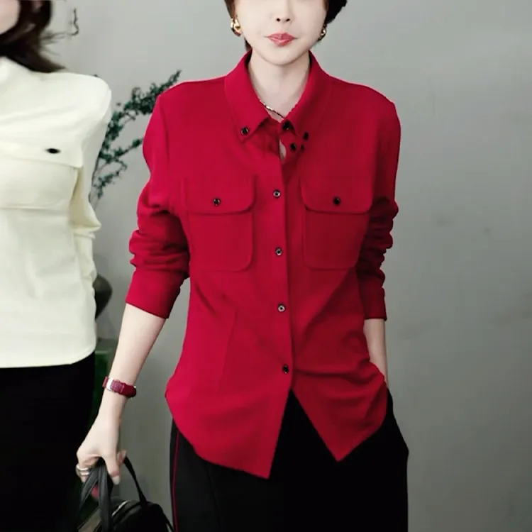 红色翻领长袖衬衫女士2025秋冬新款高级感修身显瘦内搭打底衫上衣