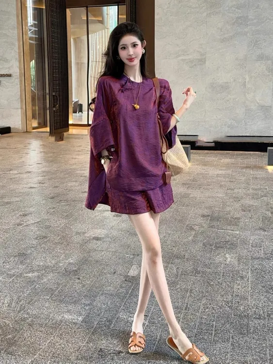 2025夏季新款一整套穿搭新中式轻国风盘扣高级感紫色衬衫裤子套装