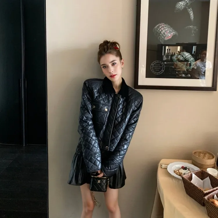 菱格千金感丝绒拼接短款夹绒高级PU皮衣短外套2025秋冬季新款夹克