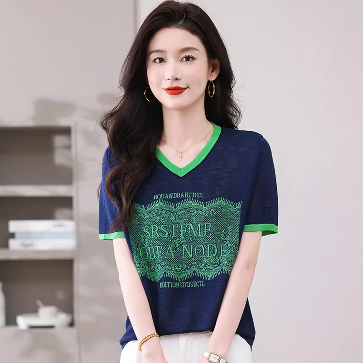 品牌大码女装竹节麻短袖T恤女夏季宽松显瘦针织衫薄款提花V领上衣