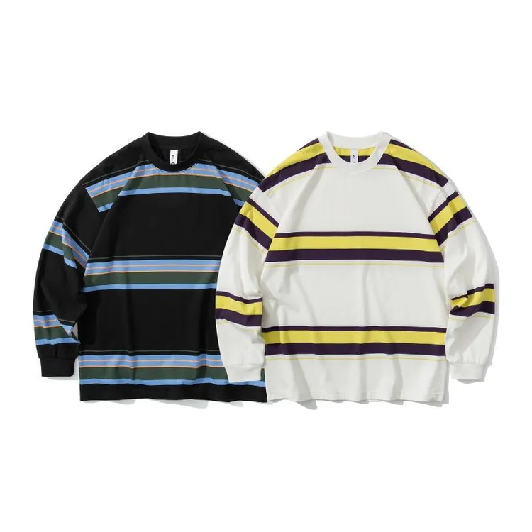 男撞色条纹长袖T恤潮流情侣圆领宽松休闲复古上衣 508