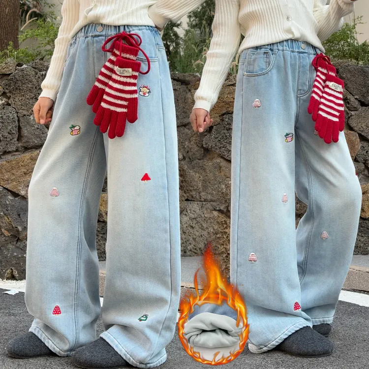 儿童中女大童外穿女学生高腰宽松冬季牛仔裤拖地显瘦圣诞麋鹿洋气