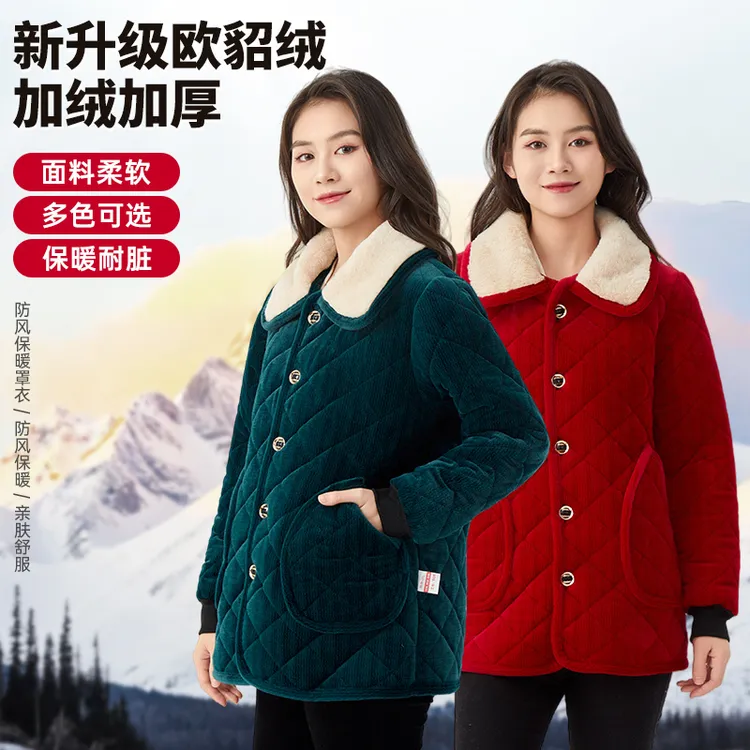 短款冬季加绒特厚棉服女三层夹棉新款保暖外套长袖耐脏罩衣妈妈装