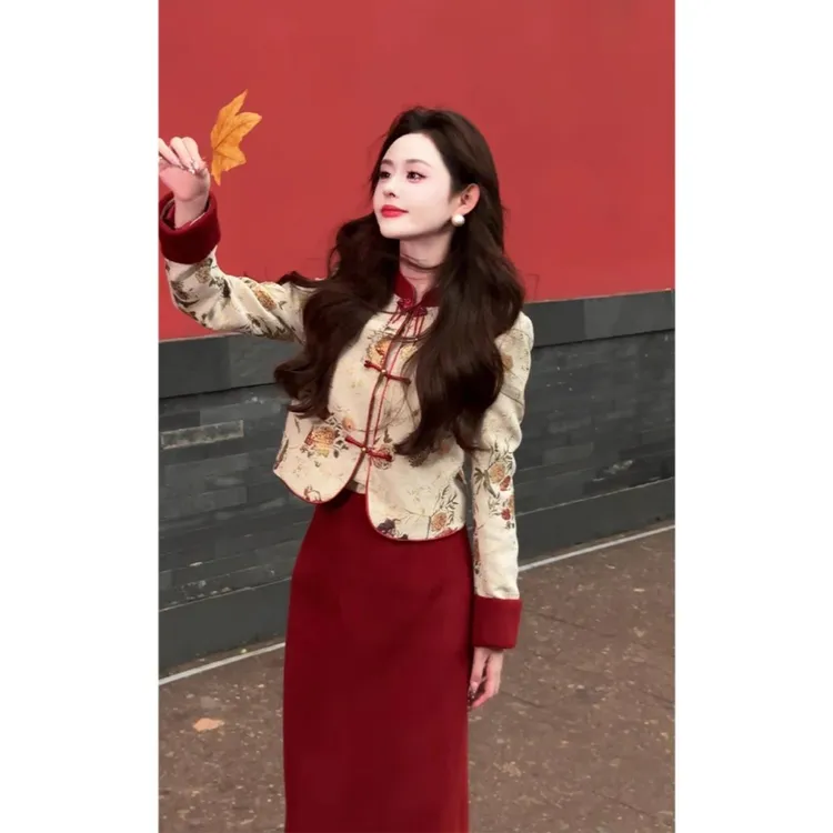 【锦绣山河】红色新中式国风2025新款改良旗袍夹棉外套两件套冬季