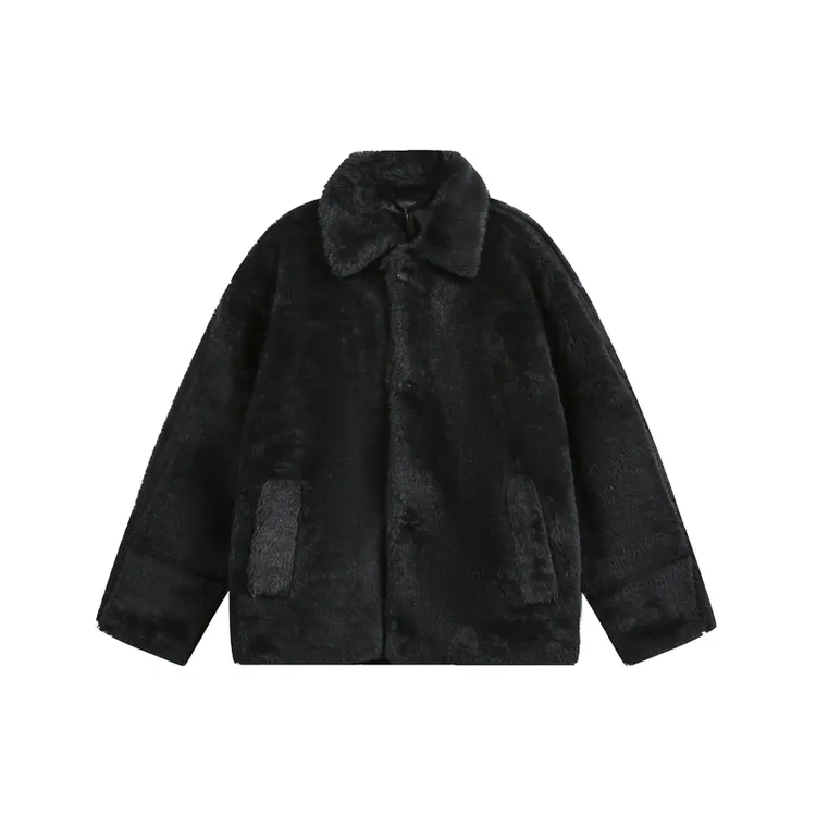 2025秋冬新款时尚男装麂皮拼接条仿羊羔绒厚翻领夹克外套棉衣棉服