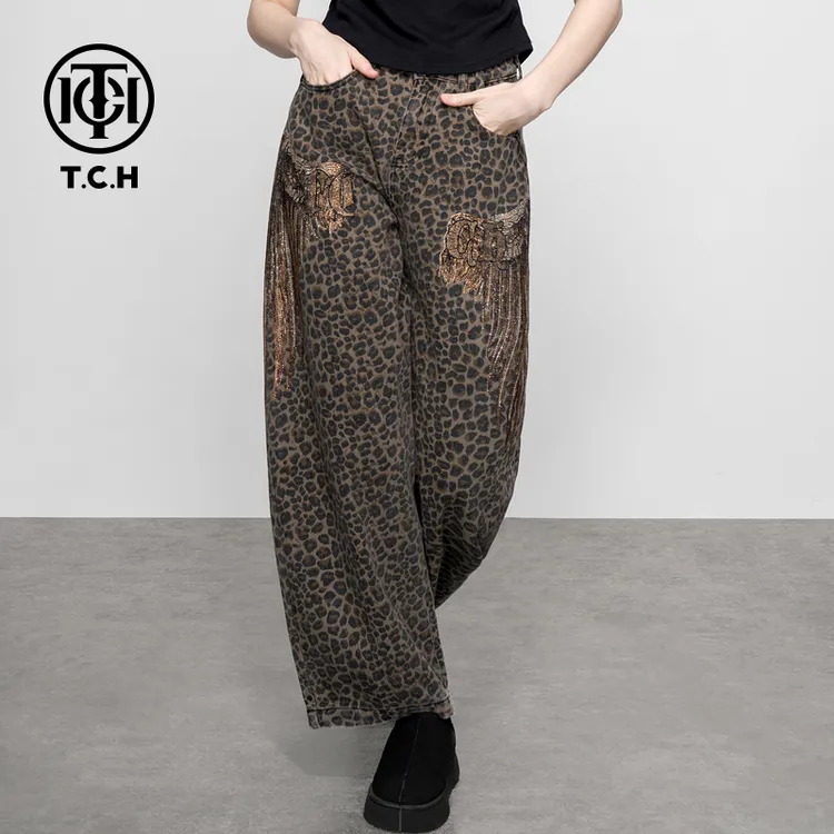 TCH现货私服秋冬烫钻长裤老钱风豹纹休闲裤女T75C20E5116轻奢tch