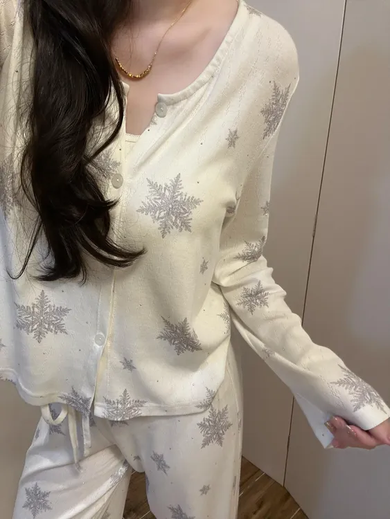 圣诞显瘦雪花慵懒风烫钻吊带开衫长裤秋冬休闲家居服三件套可外穿