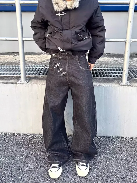 美式嘻哈复古弯刀版型牛仔裤男女baggy飞机扣原牛阔腿宽松休闲裤