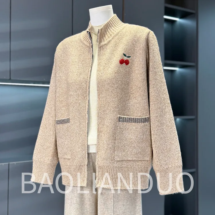 宝莲朵秋装刺绣针织外套中年女装立领上衣服中老年春秋毛衣开衫