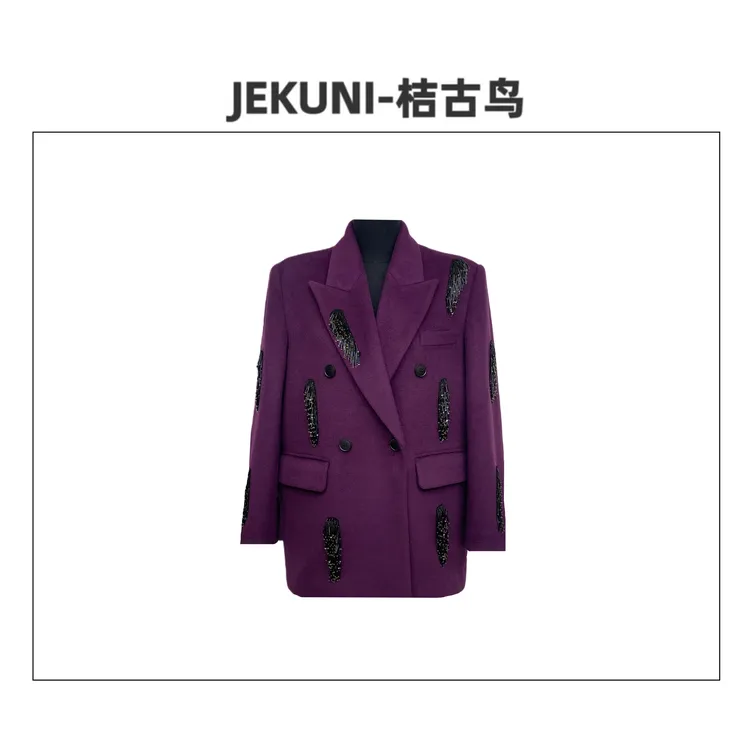 JEKUNI/桔古鸟【灵雅时尚】紫色手工钻高定轻奢时尚设计师西装外套