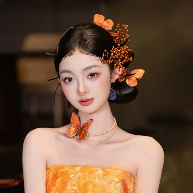 非金属布艺婚庆饰品 新娘头饰新中式仿真枯叶蝶创意古风发饰G0222