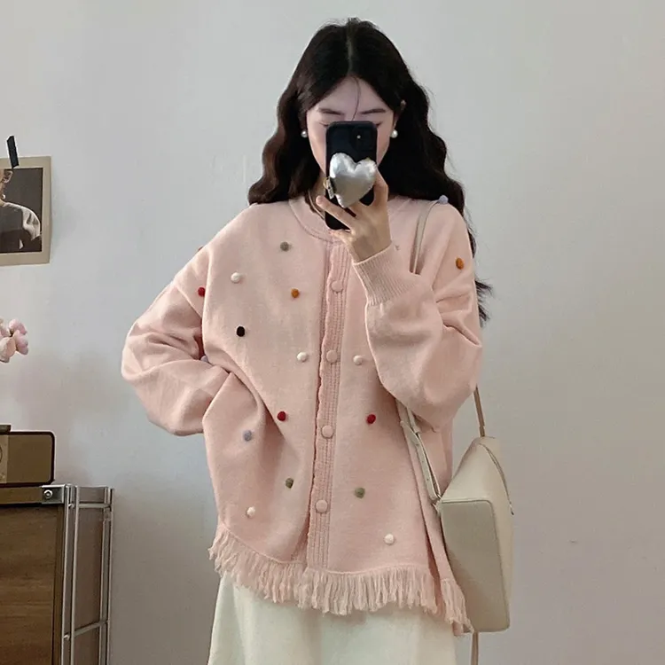毛衣外套手工重工设计感针织开衫大码女装微胖减龄可爱宽松慵懒风