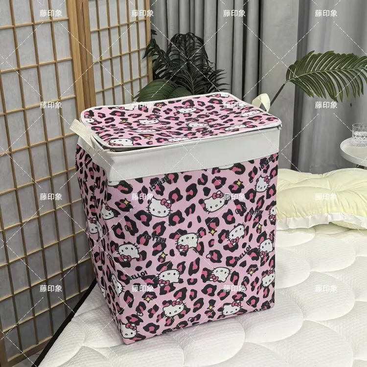 120升豹纹KT猫大容量收纳筐带钢圈双拉链带盖家用学生收纳宿舍箱