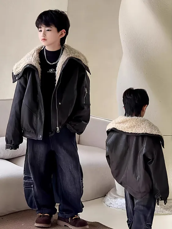 男童冬季皮衣加绒加厚2026新款中大童毛领皮夹克防寒保暖外套洋气