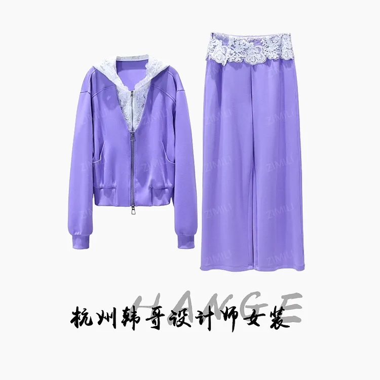 【韩哥女装】2025秋冬新品《紫水仙》胭脂紫蕾丝拼接连帽套装6691-K9