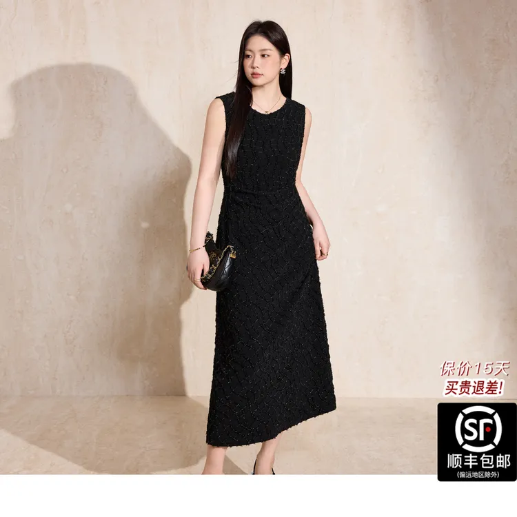 蓝语大码女装黑色立体流苏金丝线格纹圆领无袖连衣裙2025秋冬款