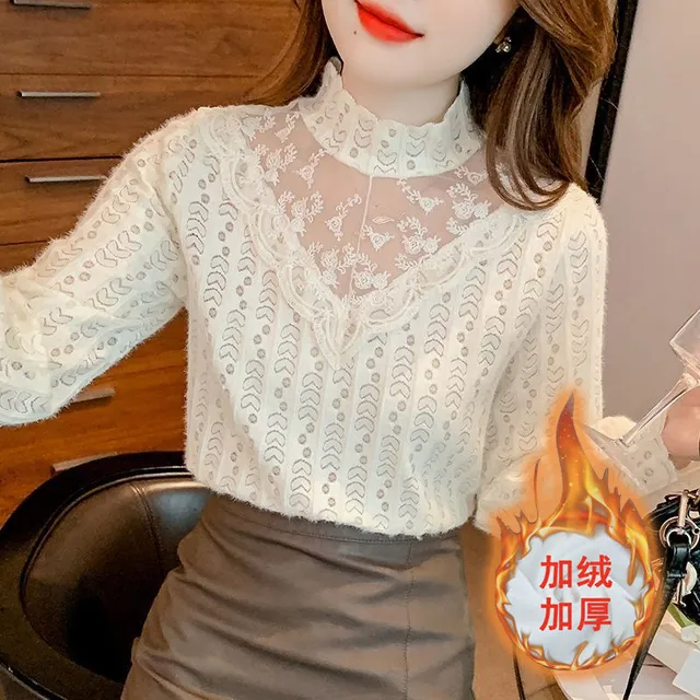 加绒加厚秋冬新款衬衫女蕾丝打底衫洋气内搭小衫时尚显瘦百搭上衣